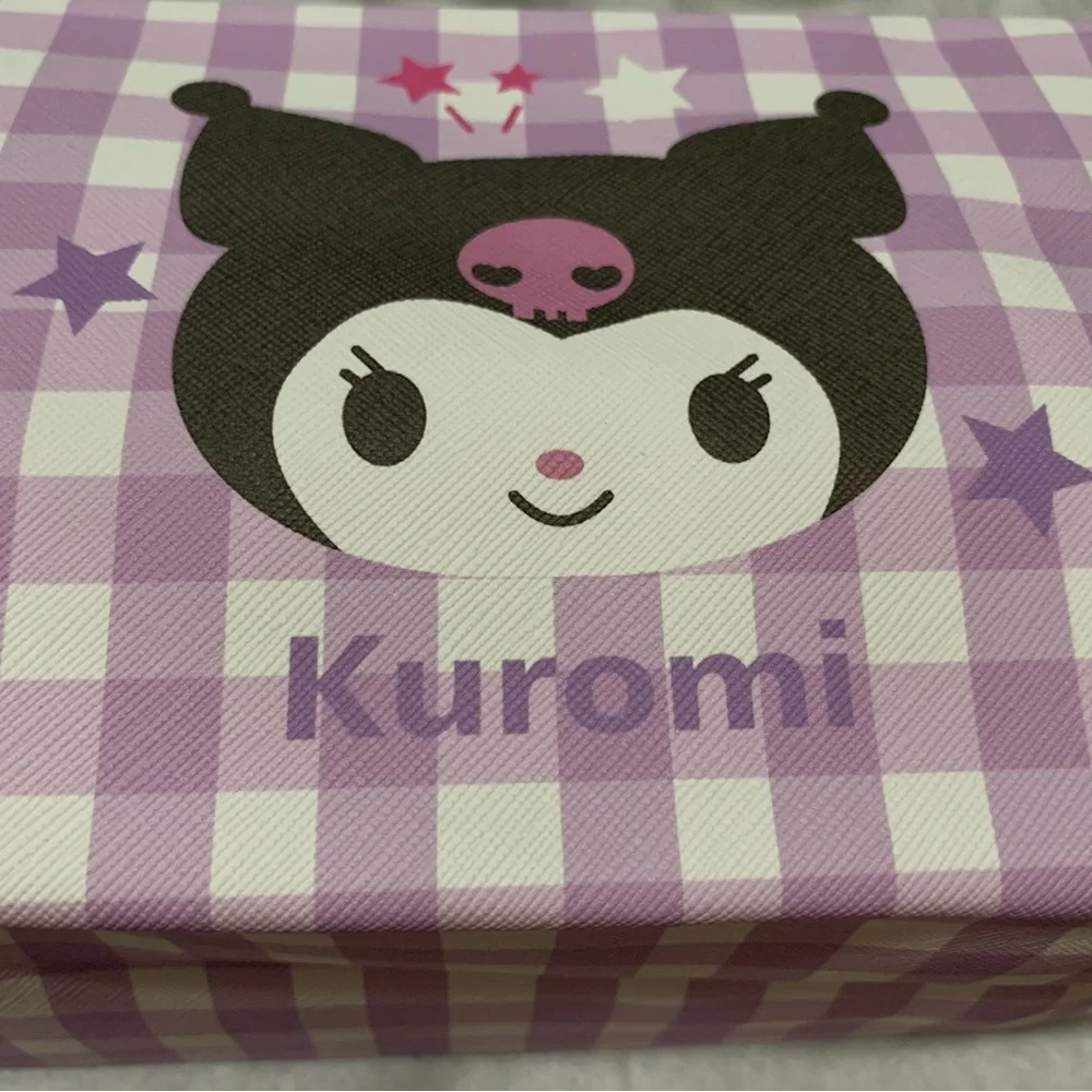 Kuromi Purple and White Gingham Check Zip Make Up Bag Pouch with Side Handle